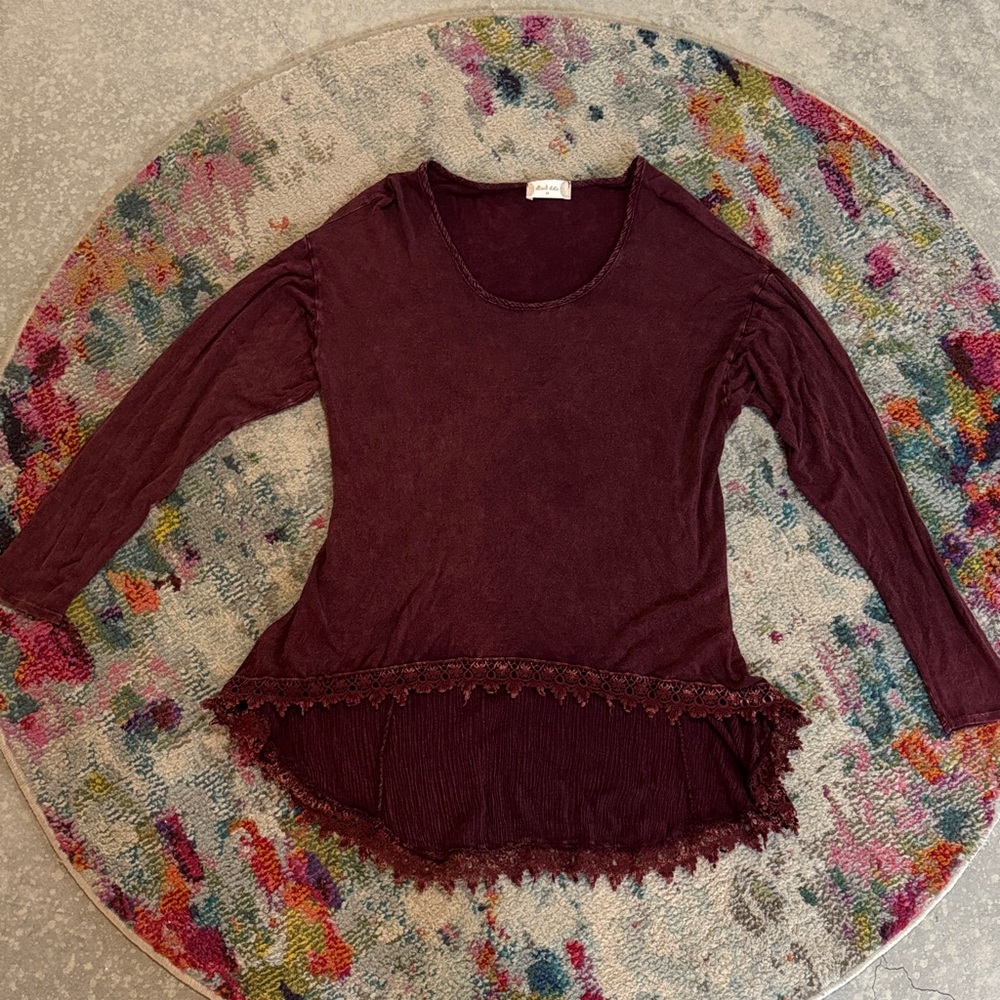 Altar'd State Burgundy Lace Hem Long Sleeve Tee